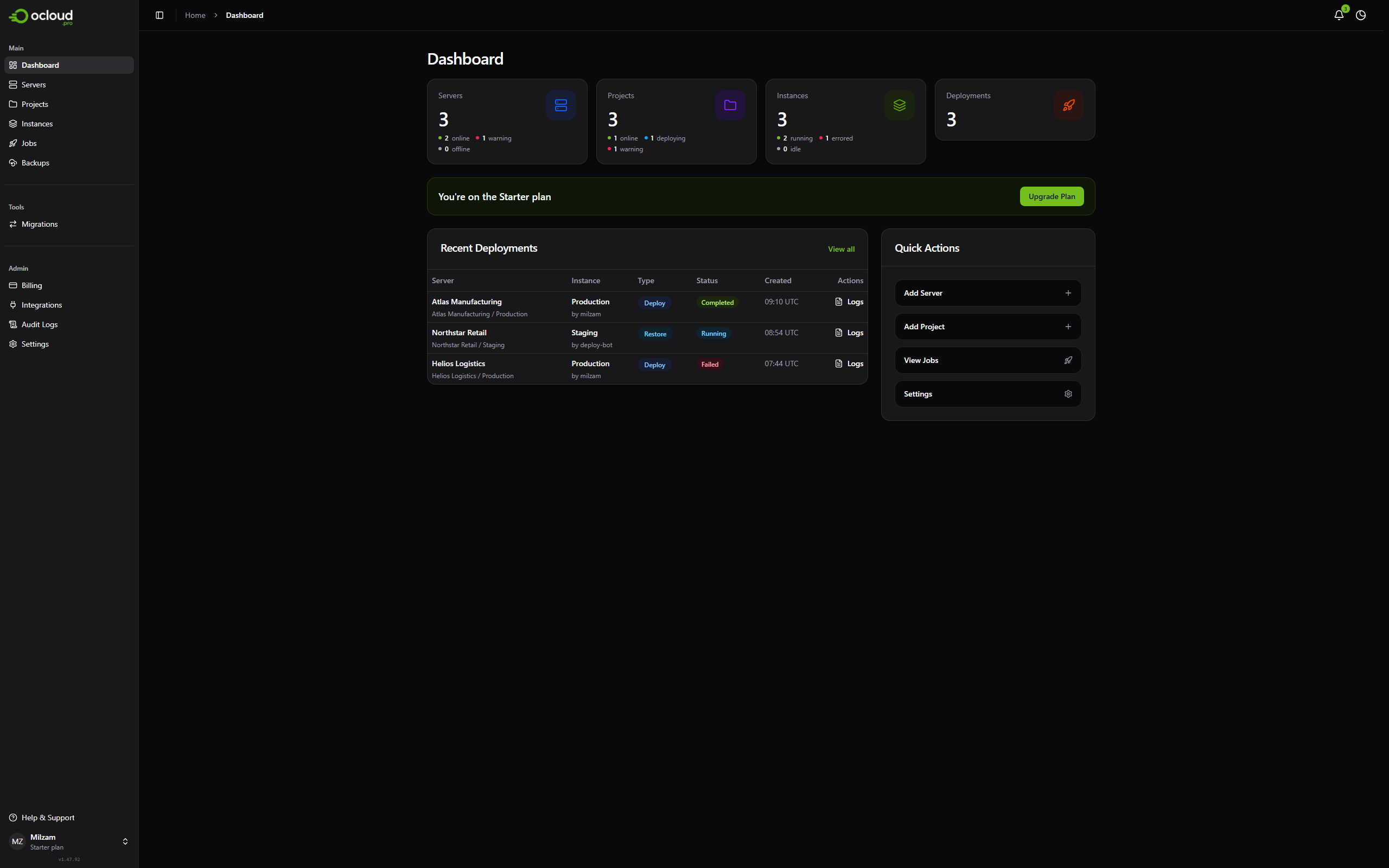 OCloud Pro dashboard showing connected servers, projects, and deployment activity